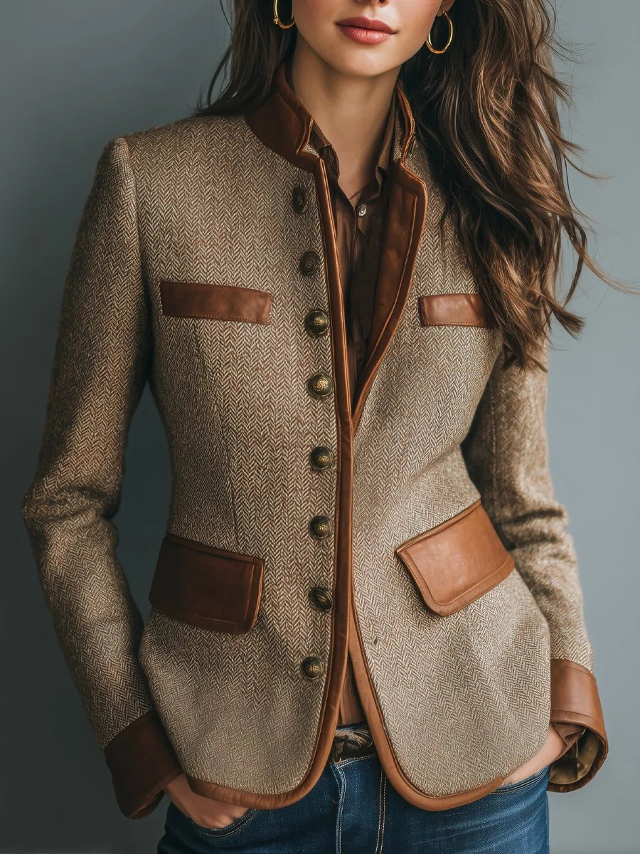 Pemberly herringbone tweed jacket with leather-trim collar and button-front, close-up view