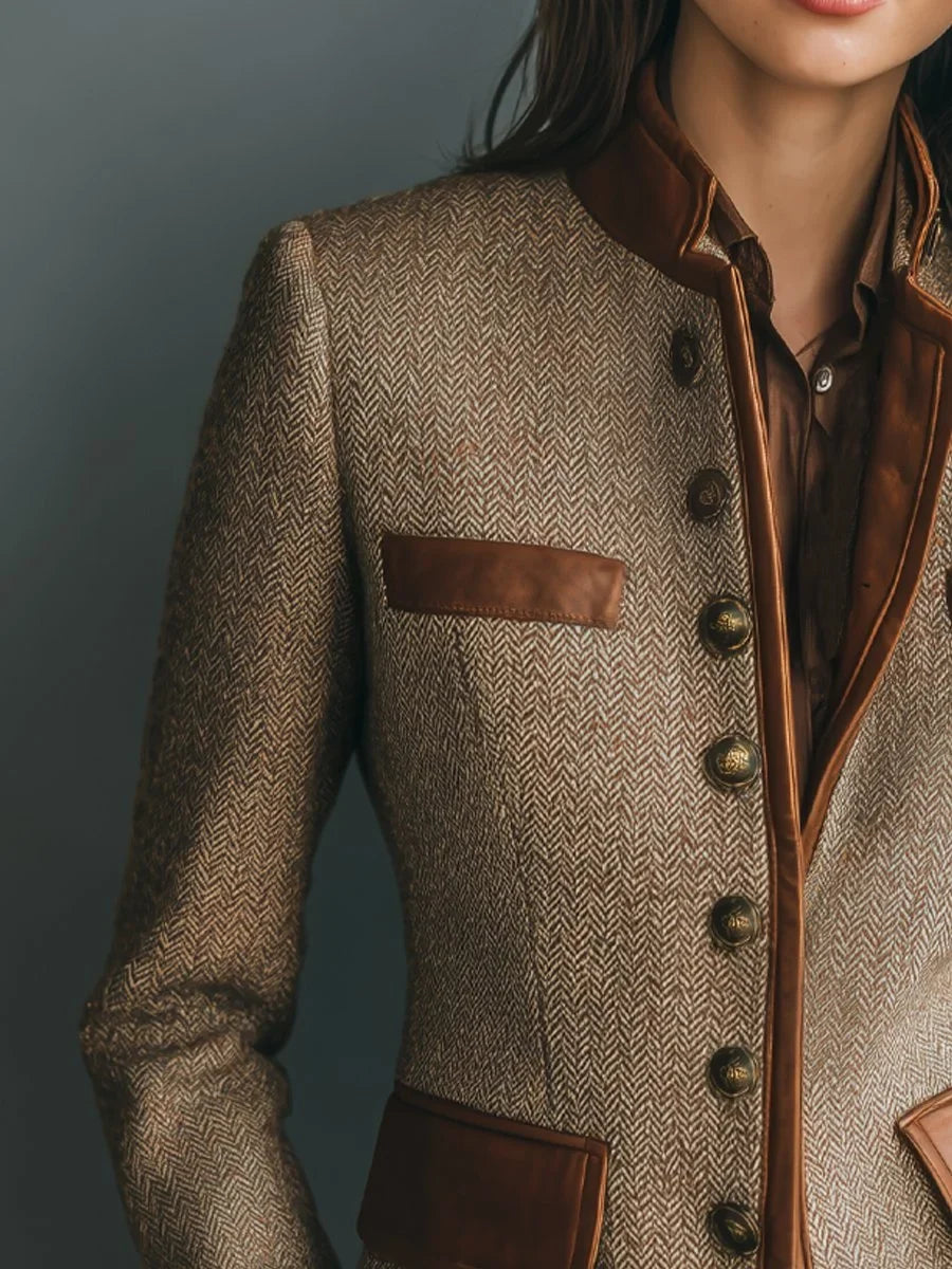 Pemberly leather-trim band collar and chest pocket detail on tweed jacket