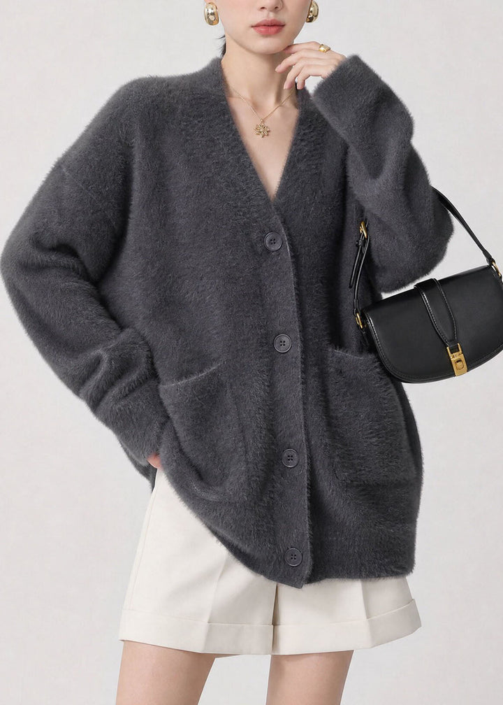 Esperanza gray V-neck button cardigan with pockets, close-up front view