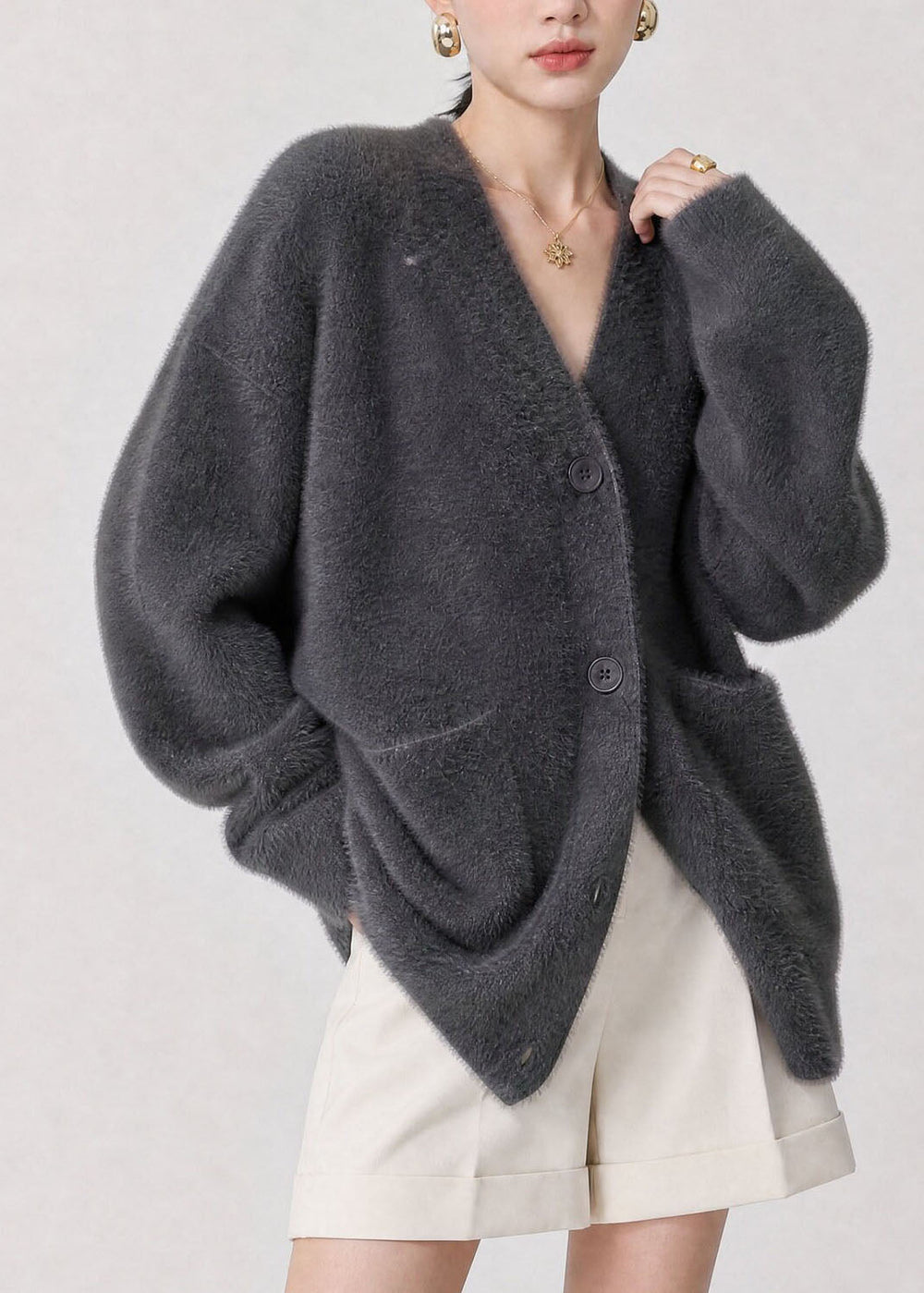 Esperanza gray V-neck cardigan, detailed front view with buttons