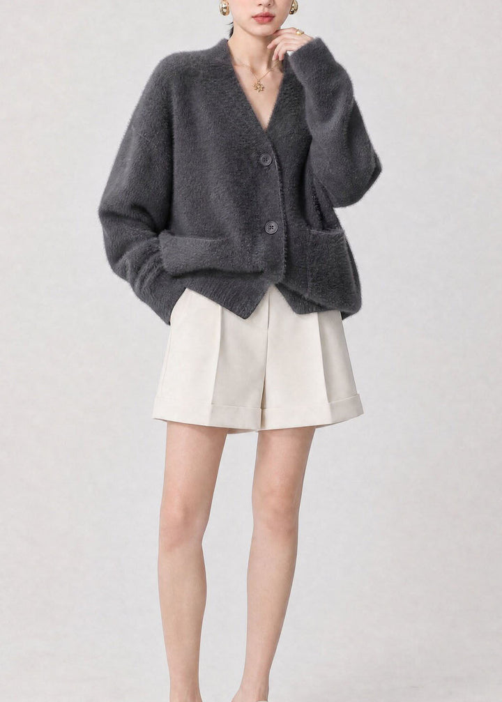 Esperanza gray V-neck cardigan, full front view with shorts