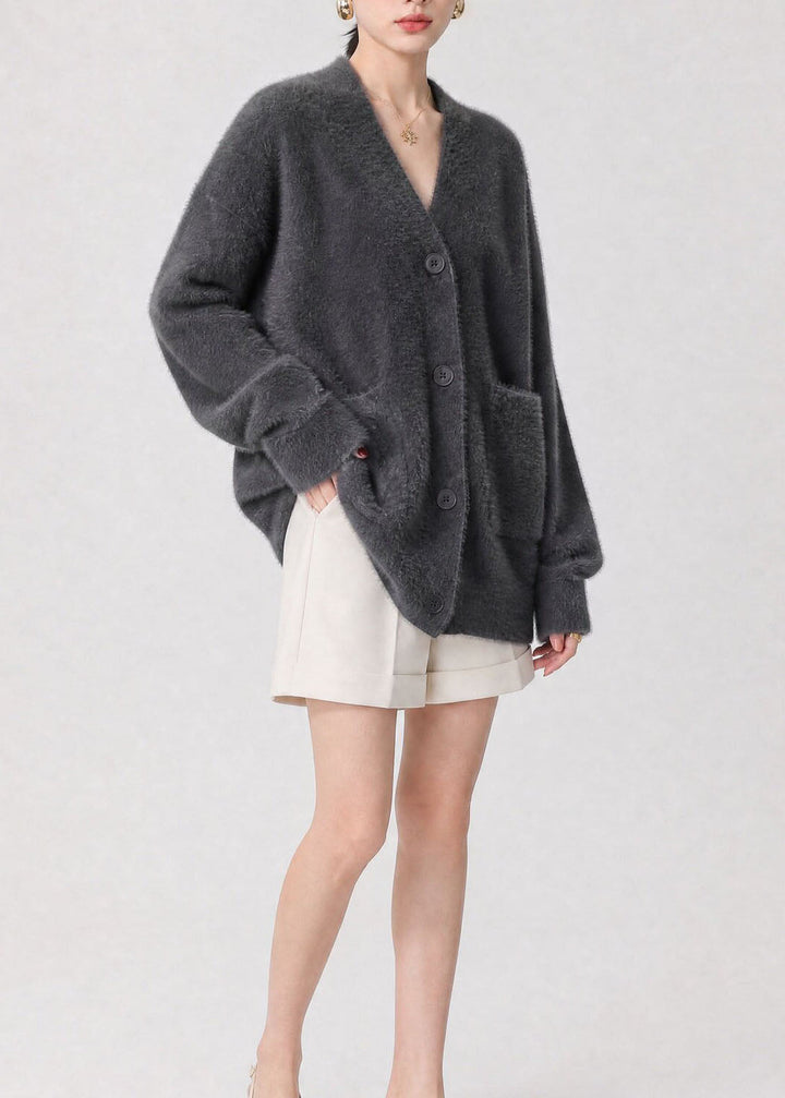 Esperanza gray V-neck cardigan, full front view with shorts