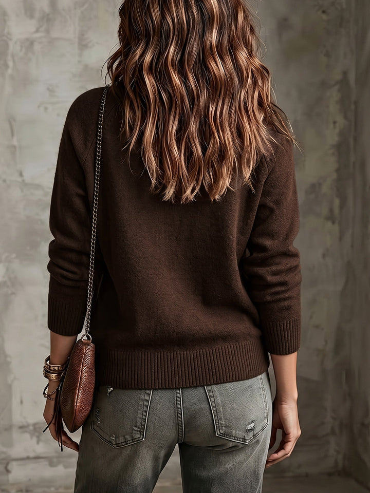 Verity brown cardigan, back view with ribbed hem