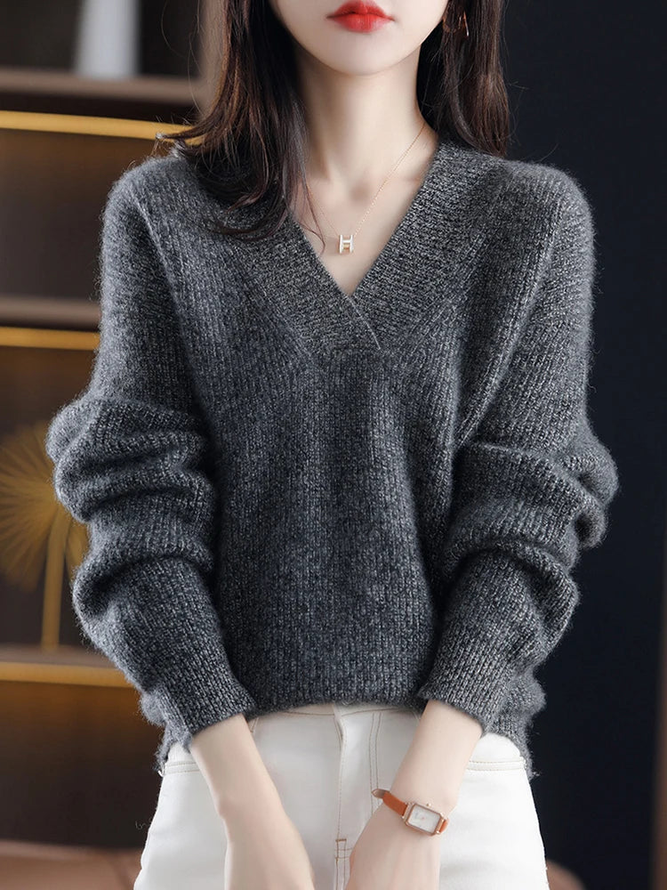 Marisabel grey V-neck knit sweater, front view close-up