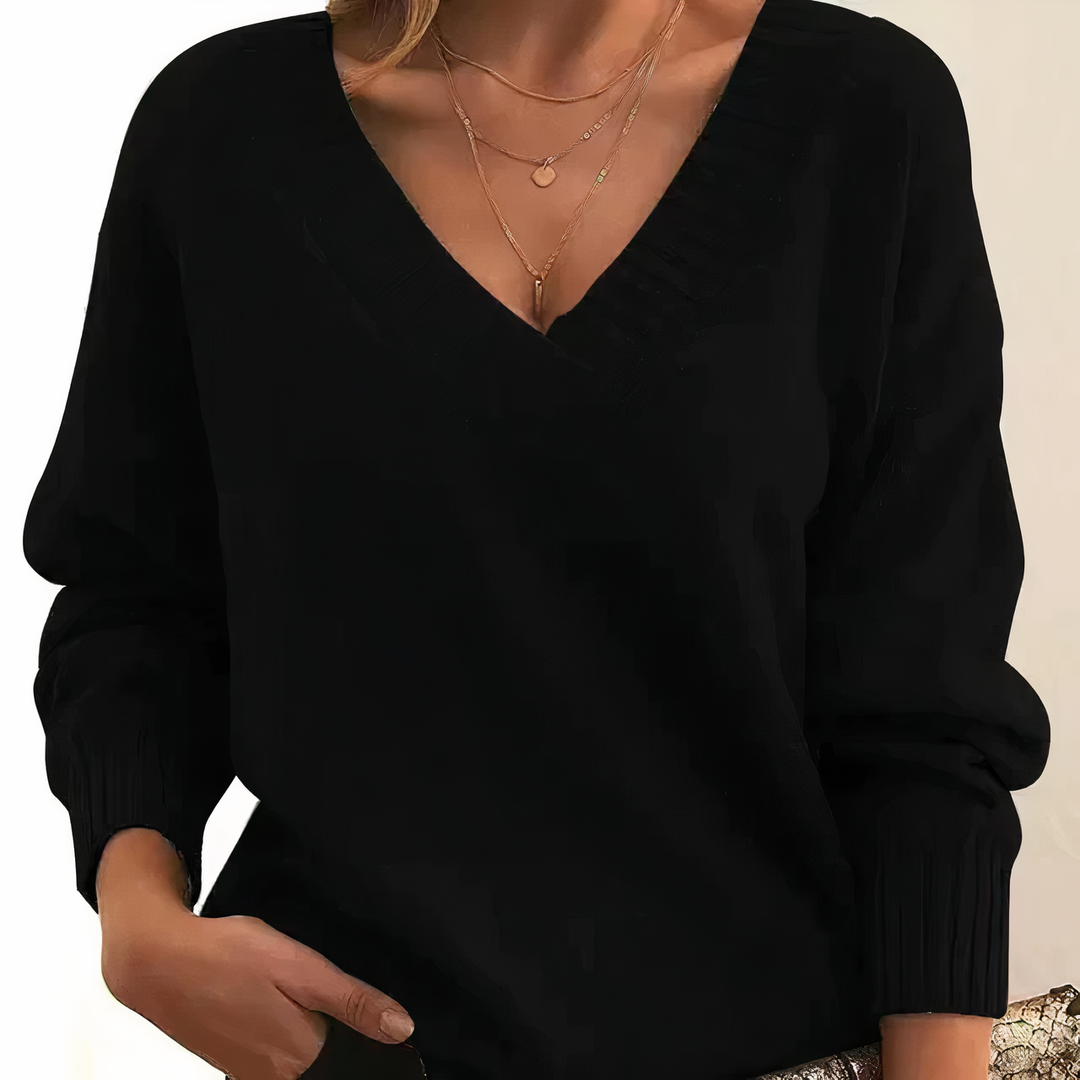Seraphine V-neck oversized sweater in black, close-up front view