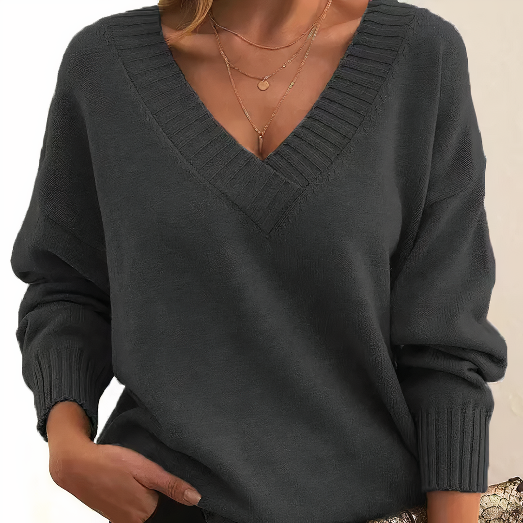 Seraphine V-neck oversized sweater in dark grey, close-up front view