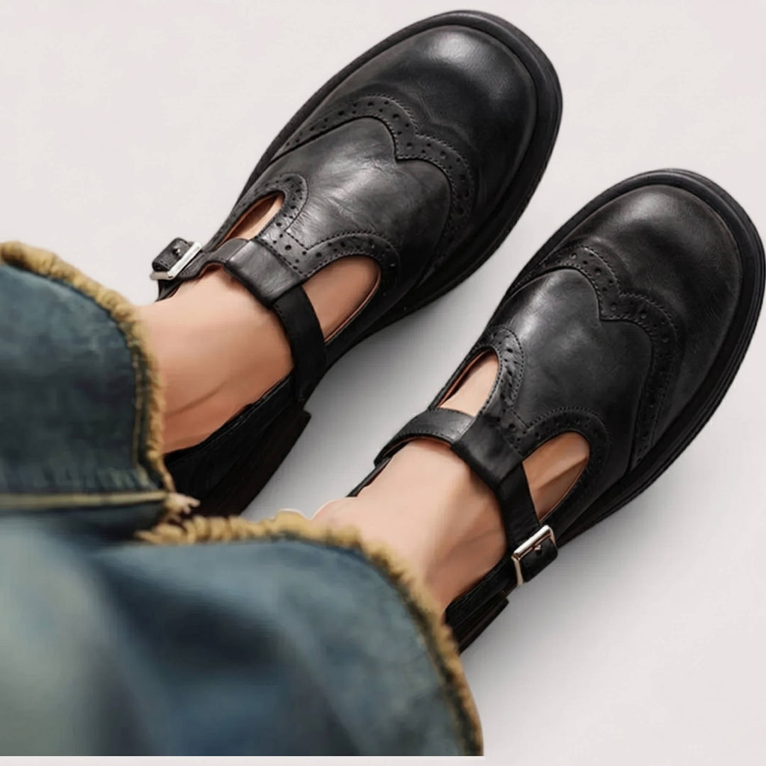 Carolina vintage T-strap Mary Jane shoes, top view on feet