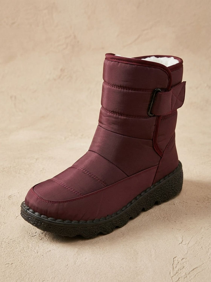Marisol burgundy mid-calf snow boot, side angle view