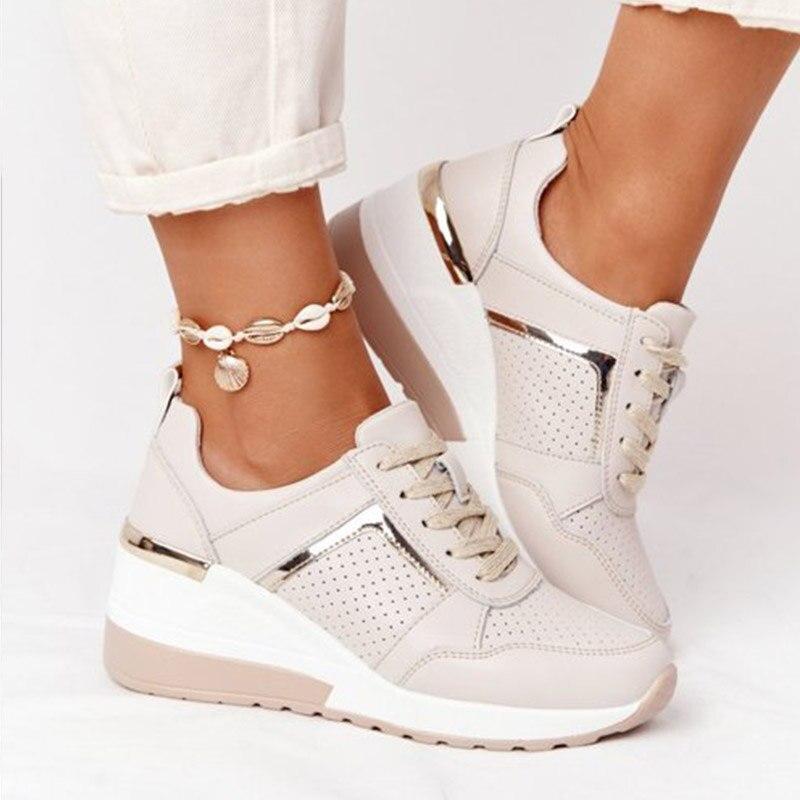 Georgette beige wedge lace-up platform sneakers, side view on model