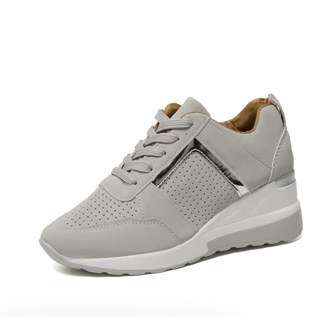 Georgette white wedge lace-up platform sneakers, side view on model