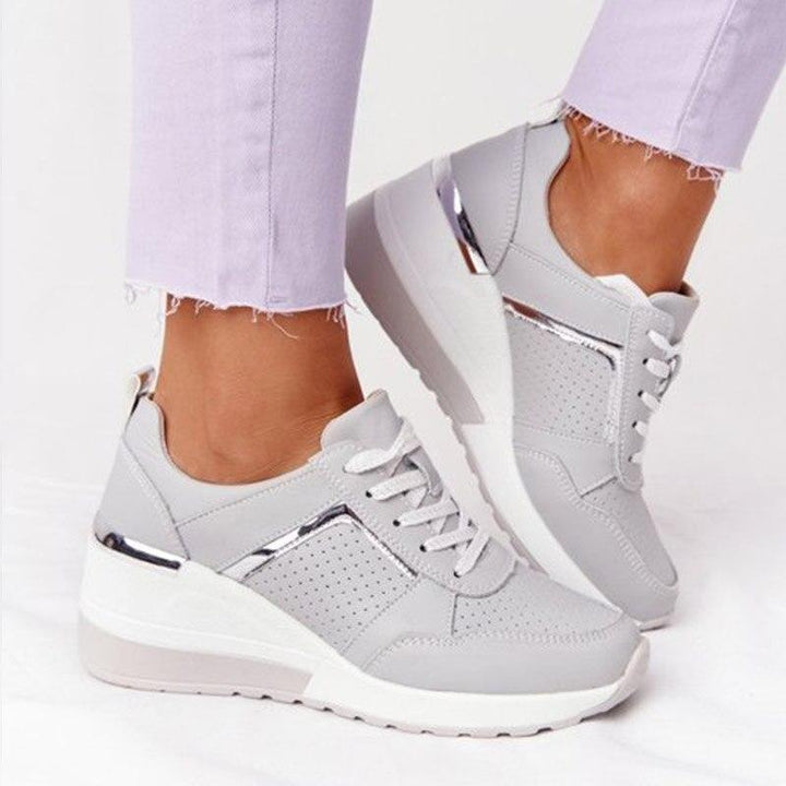 Georgette gray wedge lace-up platform sneakers, side view on model