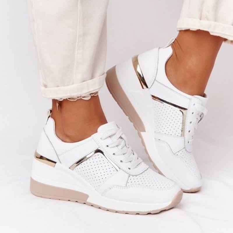 Georgette white wedge lace-up platform sneakers, side view on model