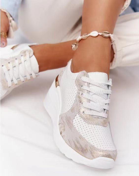 Georgette white wedge lace-up platform sneakers, side view on model