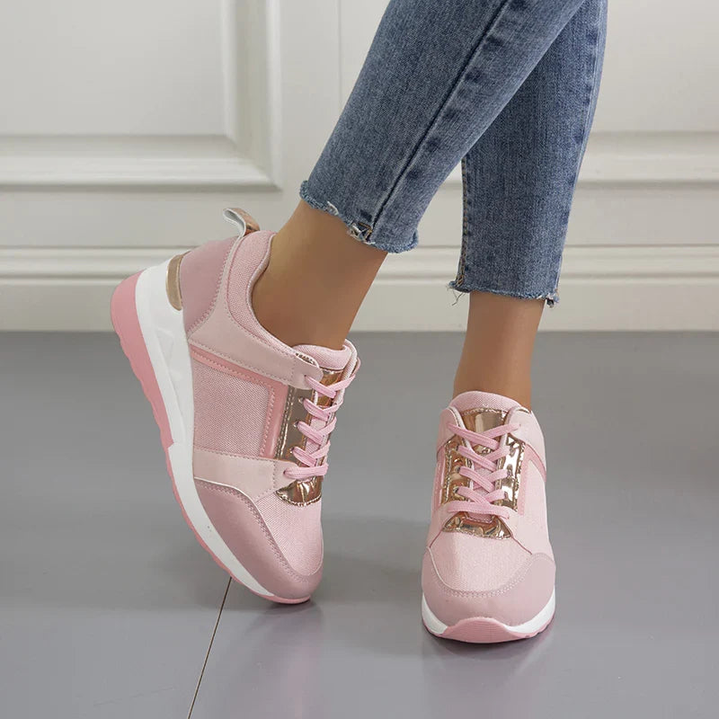 Georgette white wedge lace-up platform sneakers, side view on model