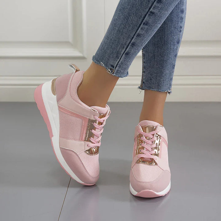 Georgette white wedge lace-up platform sneakers, side view on model