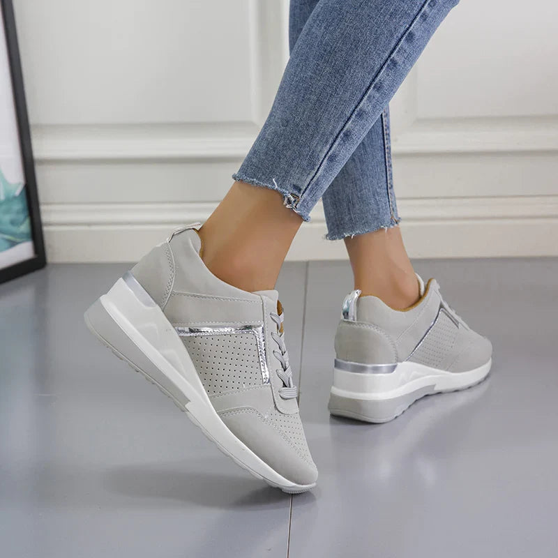 Georgette white wedge lace-up platform sneakers, side view on model
