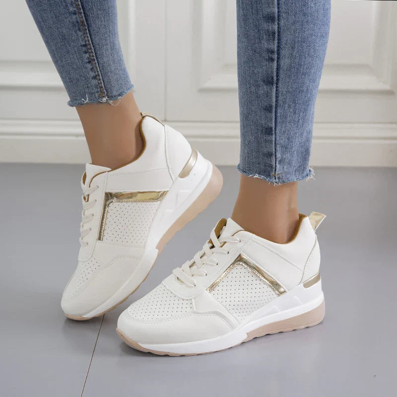 Georgette white wedge lace-up platform sneakers, side view on model