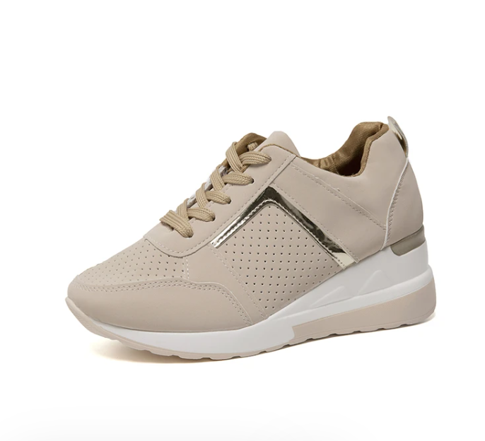 Georgette white wedge lace-up platform sneakers, side view on model
