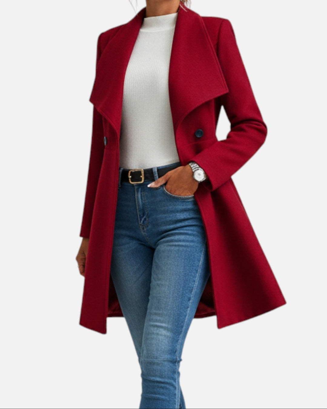 Thessaly wide collar midi coat in deep red, front view with hand in pocket