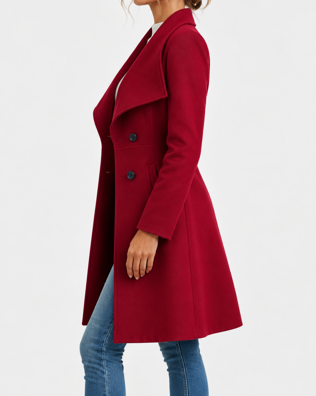 Thessaly wide collar midi coat in deep red, side profile view