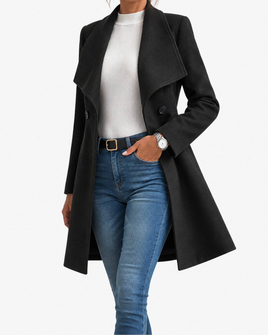 Thessaly wide collar midi coat in tan, front view with hand in pocket
