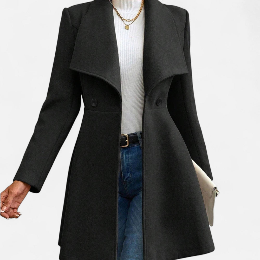 Thessaly wide collar midi coat in tan, front view with hand in pocket