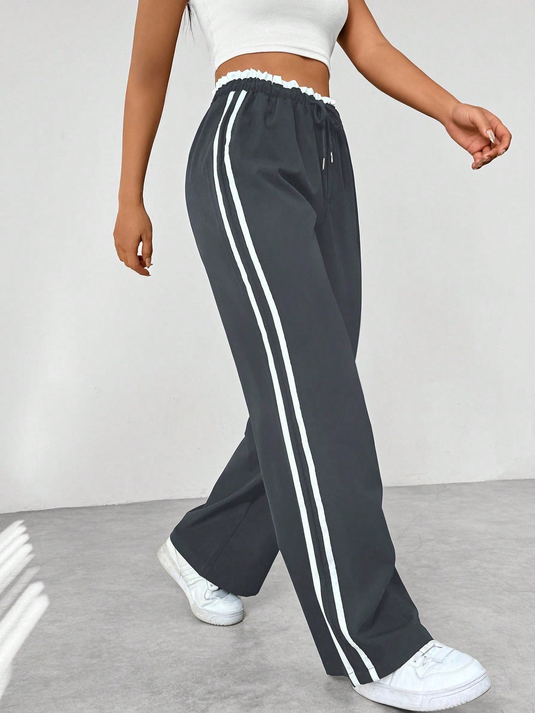 Rosalie wide leg side stripe sweatpants in dark gray, side view