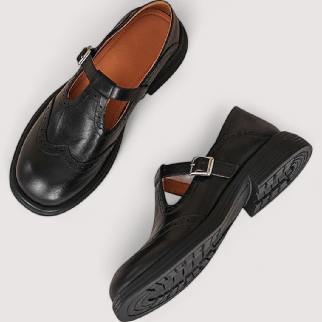 Bettina Mary Jane shoes in black worn with cropped denim jeans