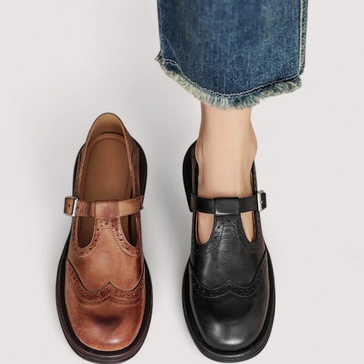 Bettina Mary Jane shoes in black worn with cropped denim jeans