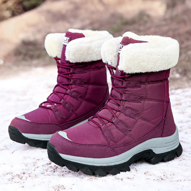 Odessa purple fleece snow boots with faux-fur collar, side view