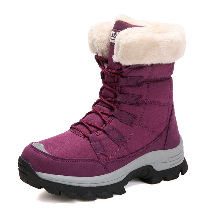 Odessa black fleece snow boots worn outdoors, front view