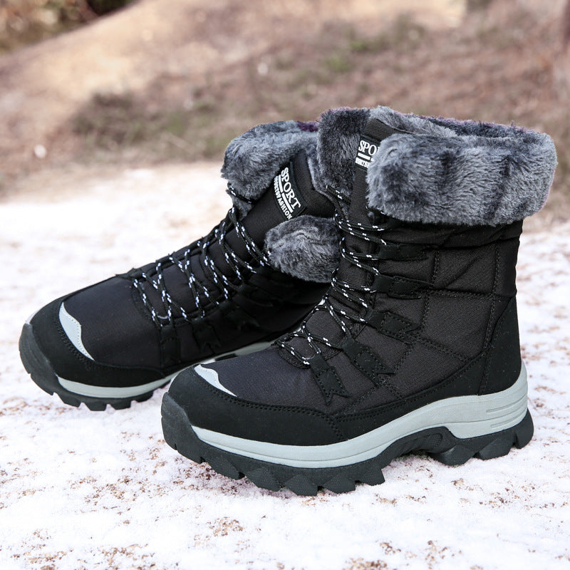 Odessa black fleece snow boots with faux-fur collar, side view