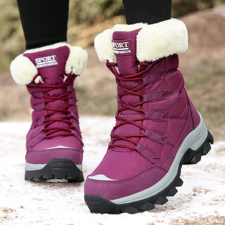Odessa purple fleece snow boots worn outdoors, front view