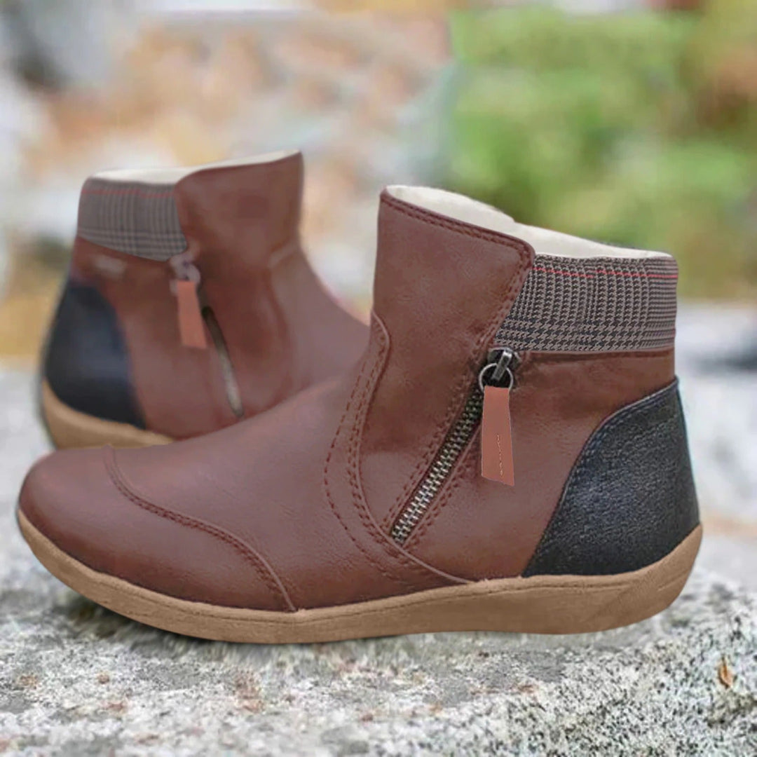 Imogen brown zip ankle booties with plaid cuff, side view