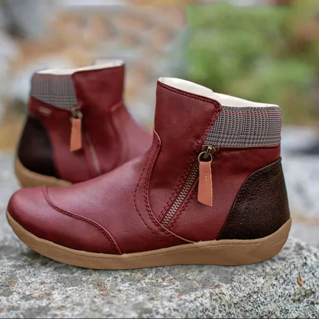 Imogen red zip ankle booties with plaid cuff, side view