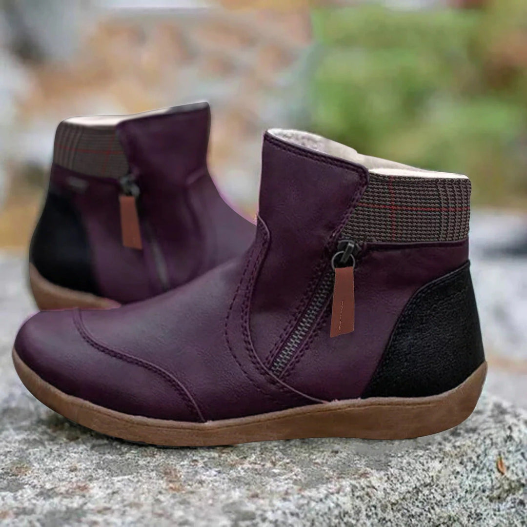 Imogen purple zip ankle booties with plaid cuff, side view