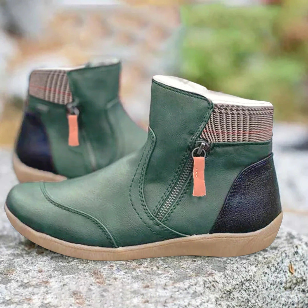 Imogen purple zip ankle booties with plaid cuff, side view