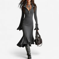 Women's Zip Collar Bell Sleeve Midi Sweater Dress | Vivienne