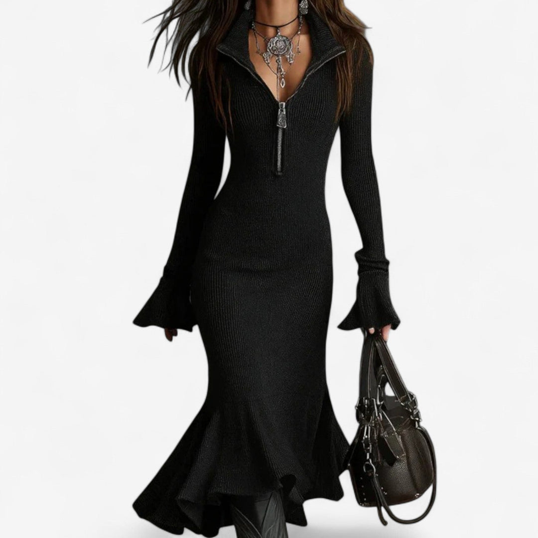 Vivienne zip collar sweater dress in black, front view