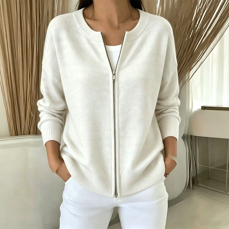 Delphine zip-up crew neck cardigan in white, front view