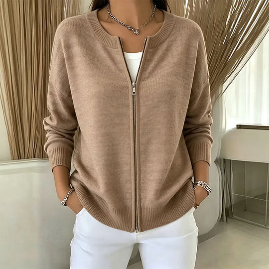 Delphine zip-up crew neck cardigan in tan, front view