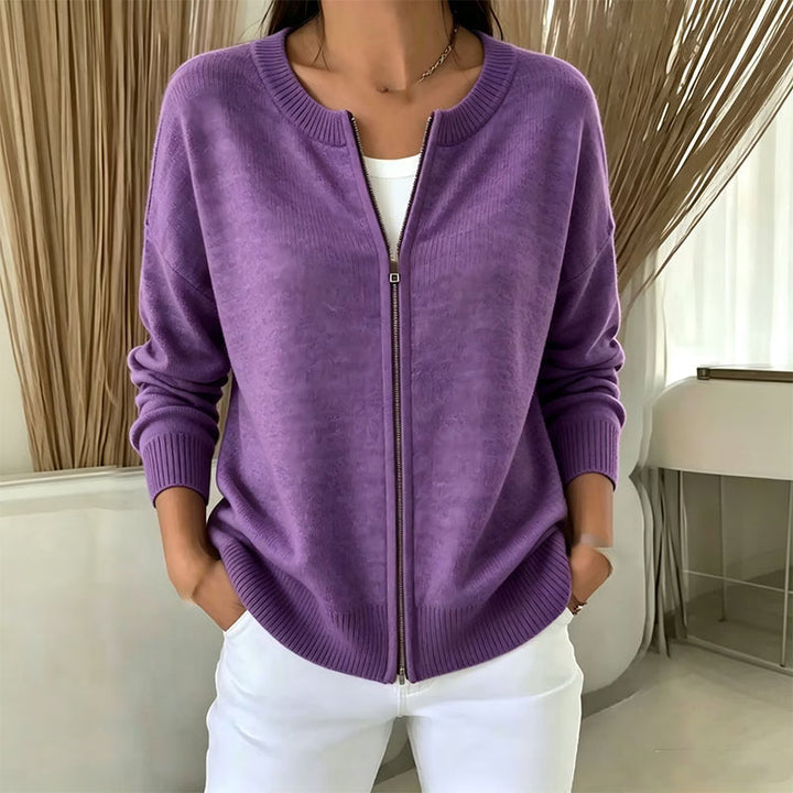 Delphine zip-up crew neck cardigan in gray, front view
