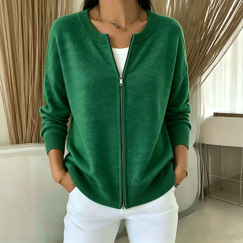 Delphine zip-up crew neck cardigan in gray, front view