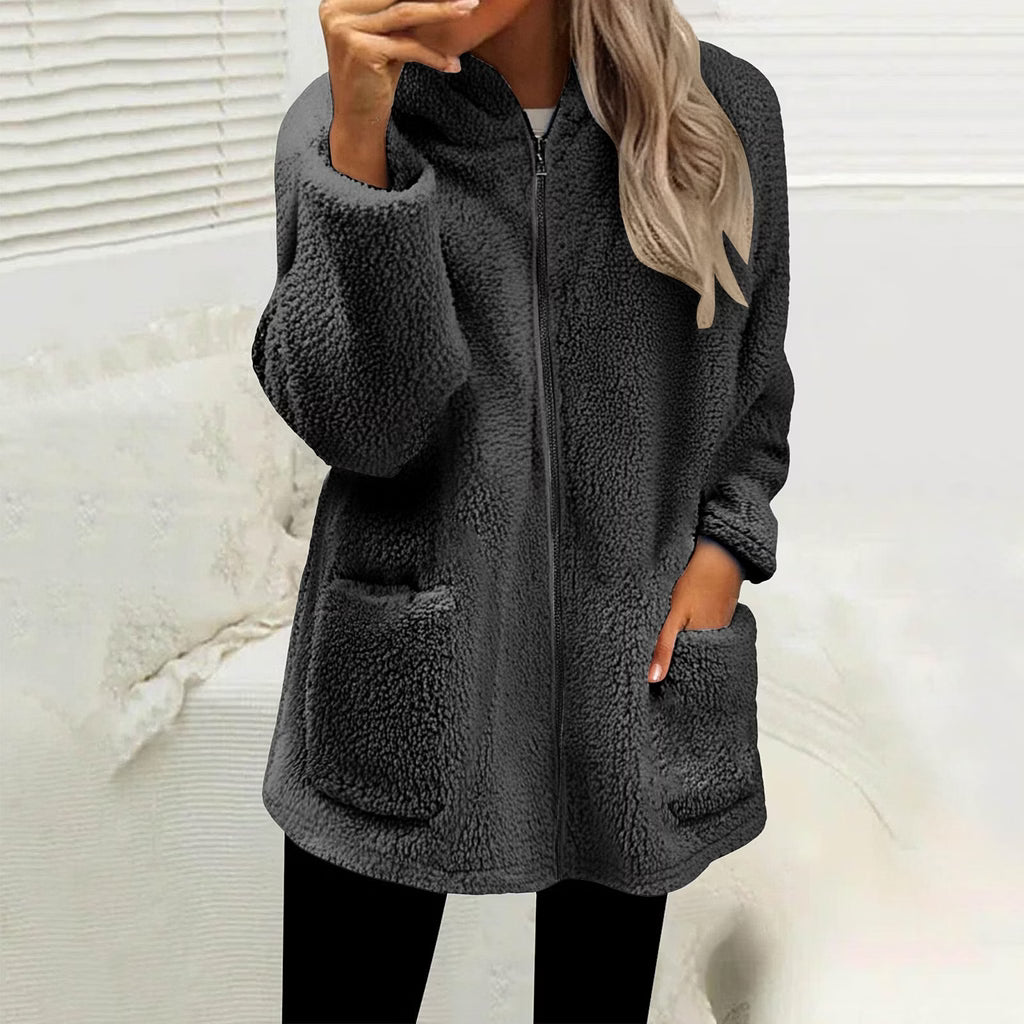 Rosalind fleece zip-up jacket in dark gray, front view with hand near collar