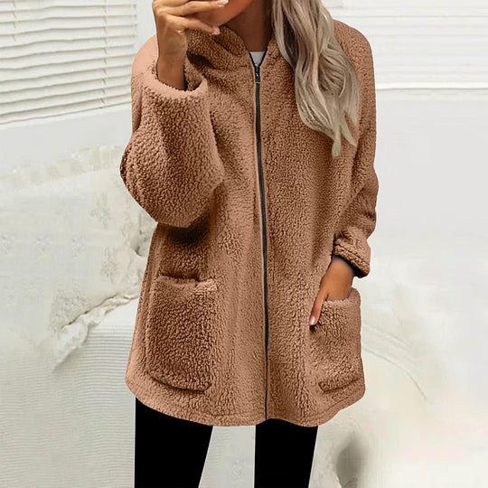 Rosalind fleece zip-up jacket in brown, front view showing pockets