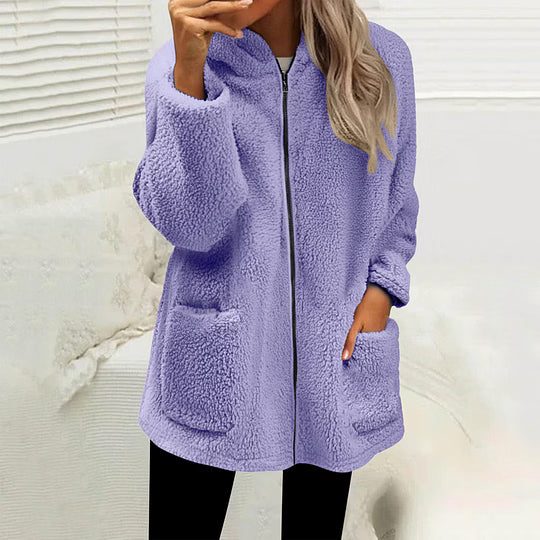 Rosalind fleece zip-up jacket in purple, front view with zipper detail