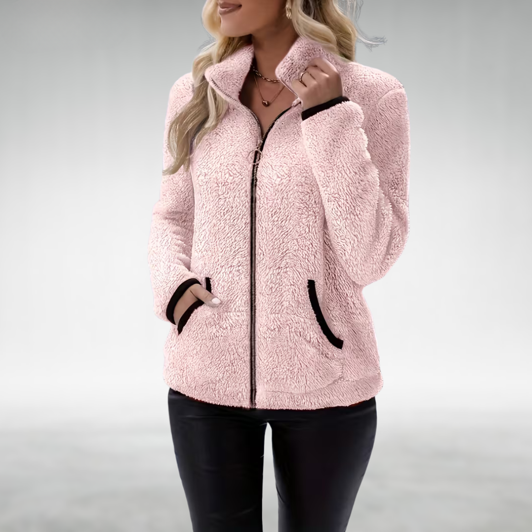 Marisol pink zip-up teddy jacket with stand collar, front view