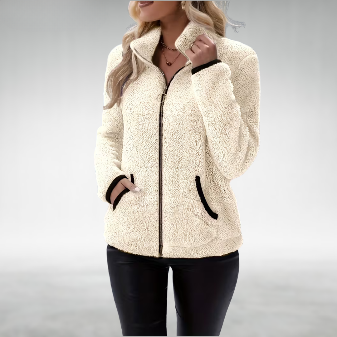 Marisol cream zip-up teddy jacket with contrast pockets, front view