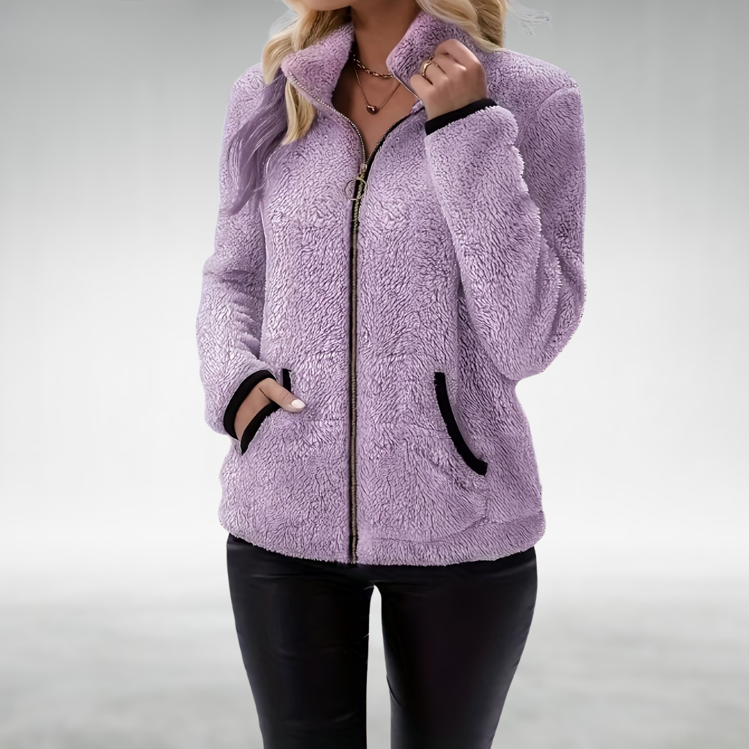 Marisol dark brown zip-up teddy jacket, front view