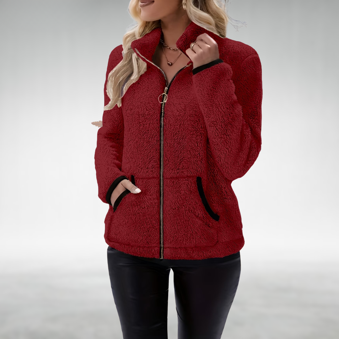 Marisol dark brown zip-up teddy jacket, front view